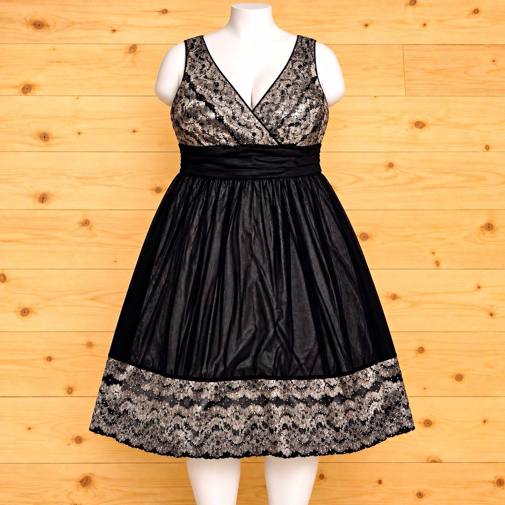 R&M Richards Women's 16W Black/Gold Lace Sequin Floral V-Neck Knee Dress[A1]